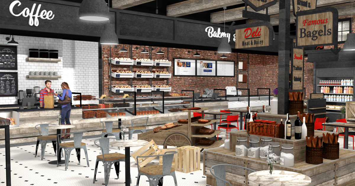 A concept of the interior of a grocery store