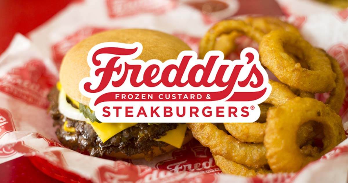 Freddy's Frozen Custard & Steakburgers logo in front of burger and onions