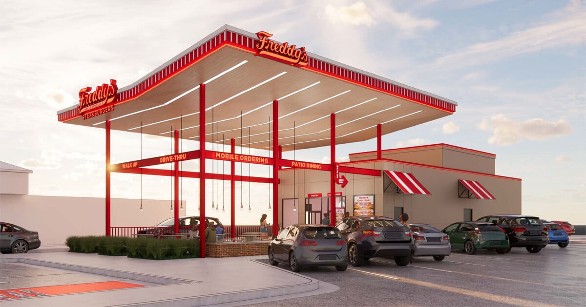 A exterior shot of what the JRI Hospitality Freddy's frozen custard & steakburger location will look like